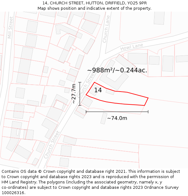 14, CHURCH STREET, HUTTON, DRIFFIELD, YO25 9PR: Plot and title map