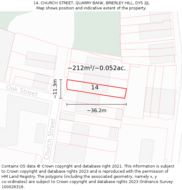 14, CHURCH STREET, QUARRY BANK, BRIERLEY HILL, DY5 2JL: Plot and title map