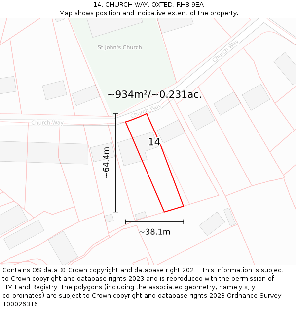 14, CHURCH WAY, OXTED, RH8 9EA: Plot and title map