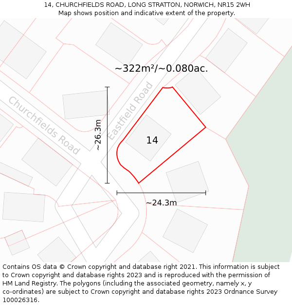 14, CHURCHFIELDS ROAD, LONG STRATTON, NORWICH, NR15 2WH: Plot and title map