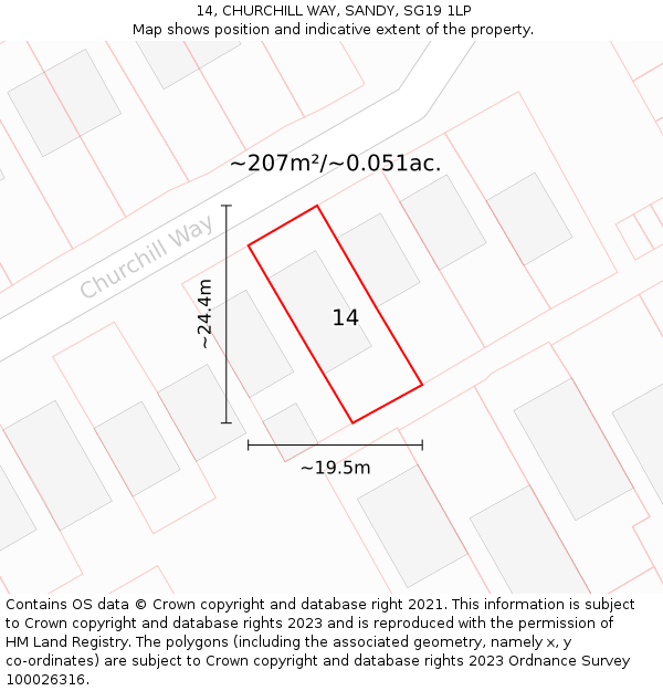 14, CHURCHILL WAY, SANDY, SG19 1LP: Plot and title map