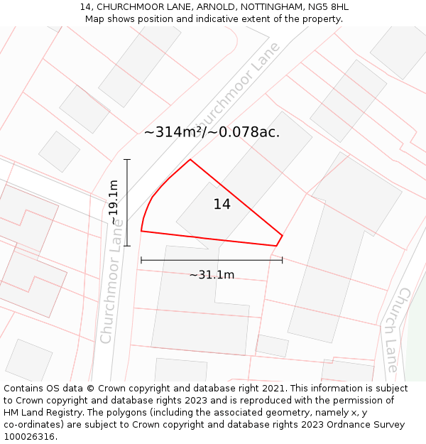 14, CHURCHMOOR LANE, ARNOLD, NOTTINGHAM, NG5 8HL: Plot and title map