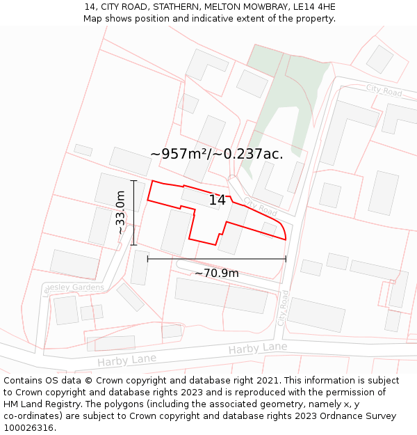 14, CITY ROAD, STATHERN, MELTON MOWBRAY, LE14 4HE: Plot and title map