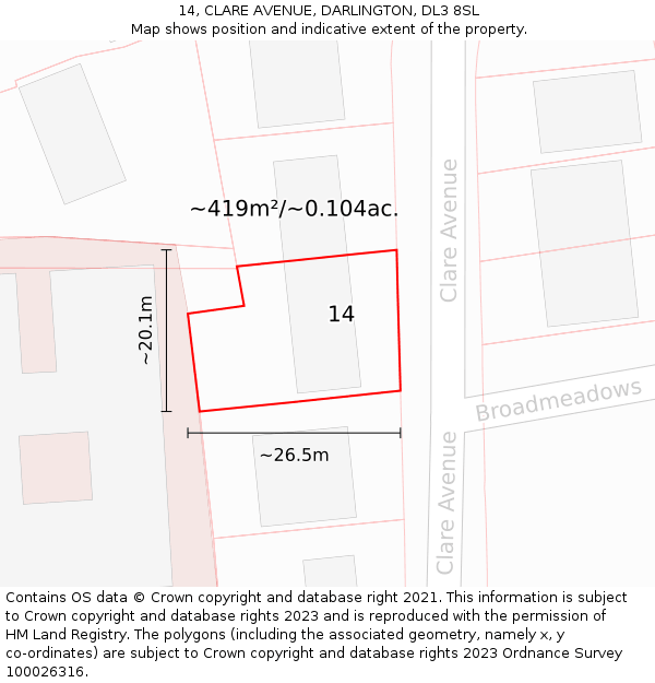 14, CLARE AVENUE, DARLINGTON, DL3 8SL: Plot and title map