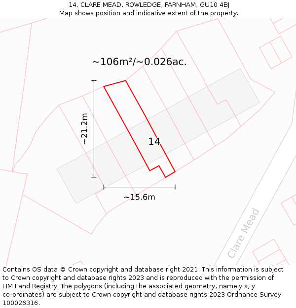 14, CLARE MEAD, ROWLEDGE, FARNHAM, GU10 4BJ: Plot and title map