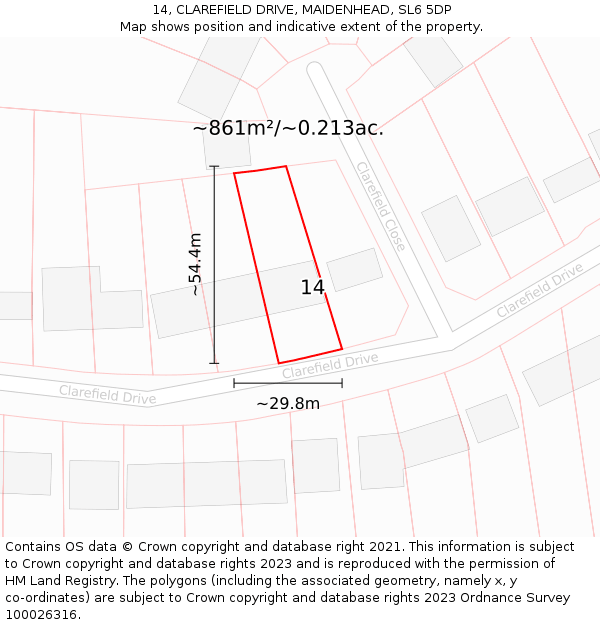 14, CLAREFIELD DRIVE, MAIDENHEAD, SL6 5DP: Plot and title map