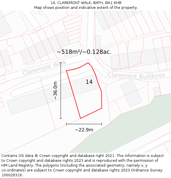 14, CLAREMONT WALK, BATH, BA1 6HB: Plot and title map