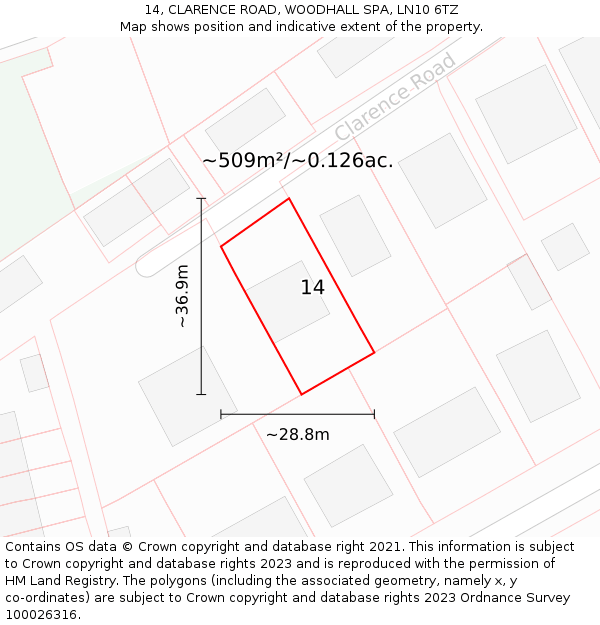 14, CLARENCE ROAD, WOODHALL SPA, LN10 6TZ: Plot and title map