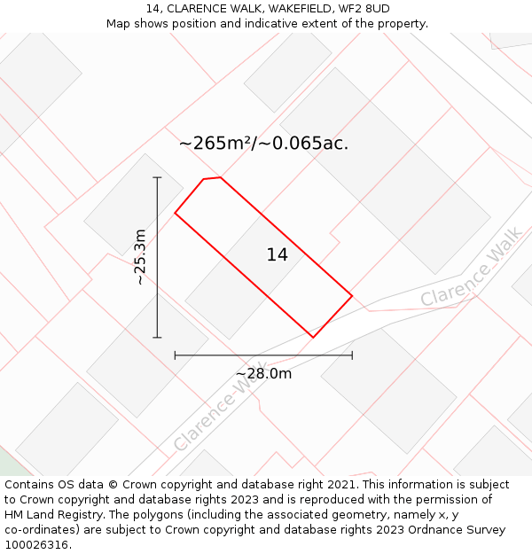 14, CLARENCE WALK, WAKEFIELD, WF2 8UD: Plot and title map