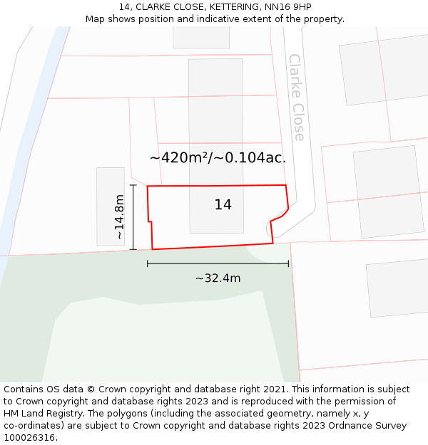 14, CLARKE CLOSE, KETTERING, NN16 9HP: Plot and title map