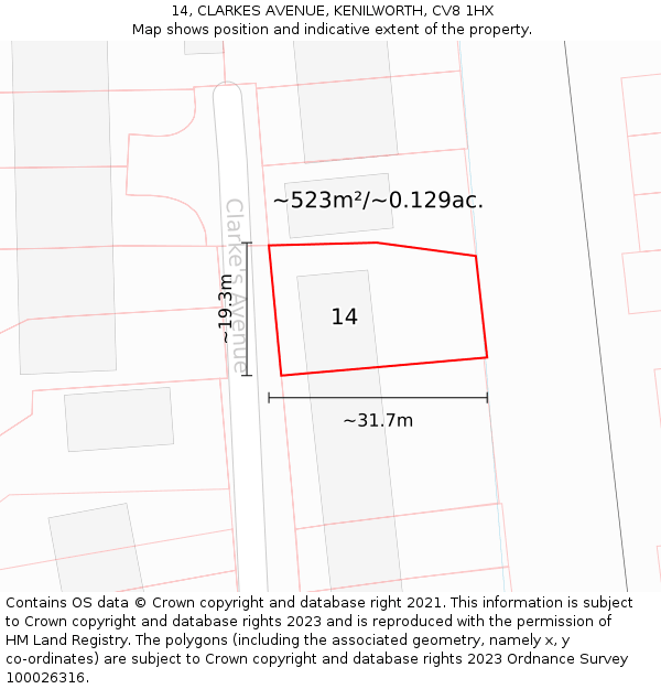 14, CLARKES AVENUE, KENILWORTH, CV8 1HX: Plot and title map