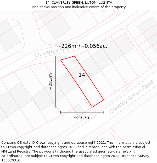 14, CLAVERLEY GREEN, LUTON, LU2 8TA: Plot and title map