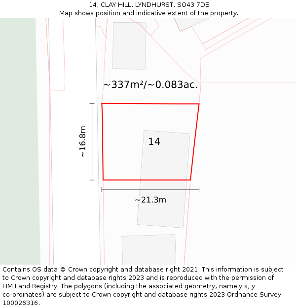 14, CLAY HILL, LYNDHURST, SO43 7DE: Plot and title map