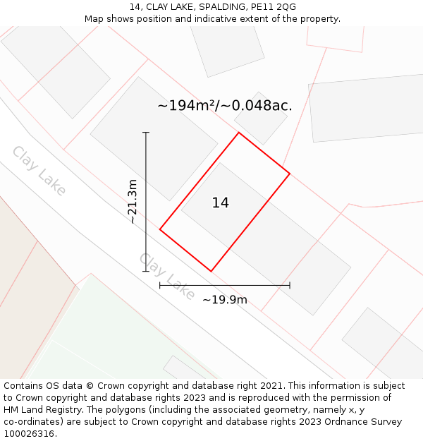 14, CLAY LAKE, SPALDING, PE11 2QG: Plot and title map