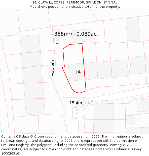 14, CLAYHILL COPSE, PEATMOOR, SWINDON, SN5 5AL: Plot and title map