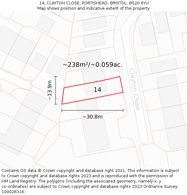 14, CLAYTON CLOSE, PORTISHEAD, BRISTOL, BS20 6YU: Plot and title map