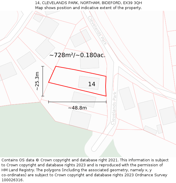 14, CLEVELANDS PARK, NORTHAM, BIDEFORD, EX39 3QH: Plot and title map