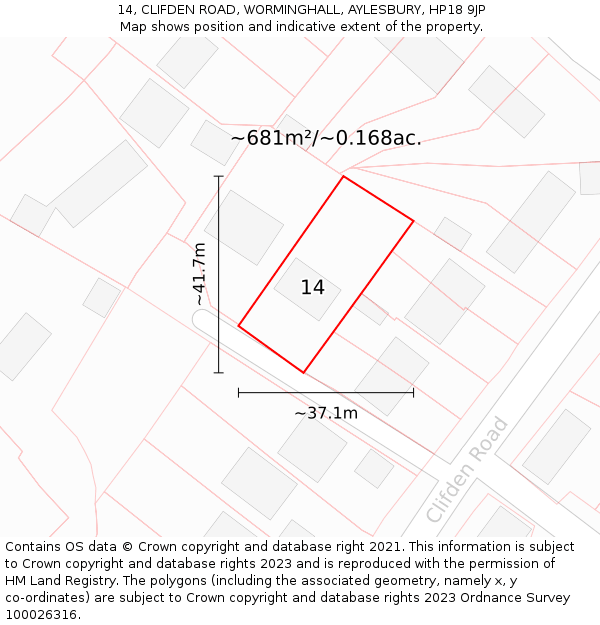 14, CLIFDEN ROAD, WORMINGHALL, AYLESBURY, HP18 9JP: Plot and title map