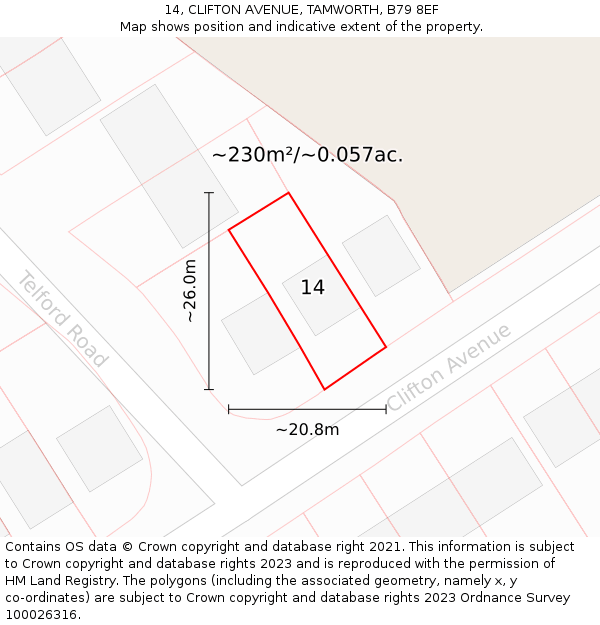 14, CLIFTON AVENUE, TAMWORTH, B79 8EF: Plot and title map