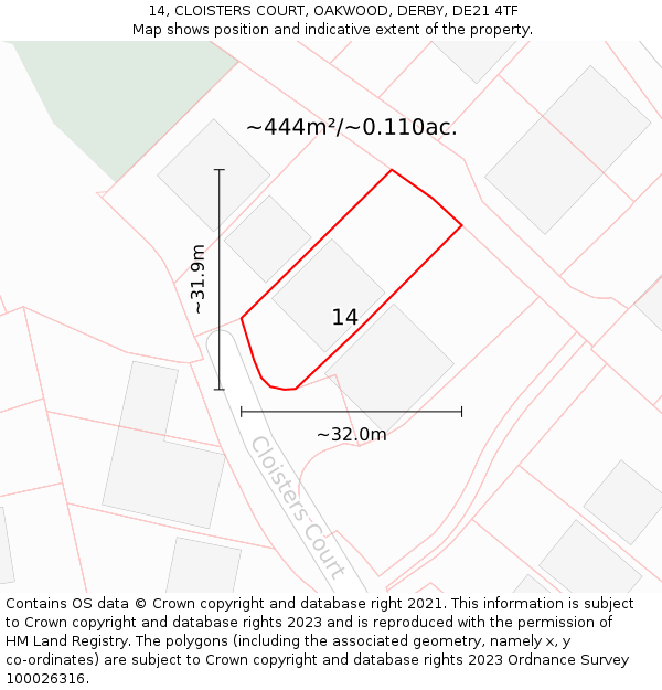 14, CLOISTERS COURT, OAKWOOD, DERBY, DE21 4TF: Plot and title map