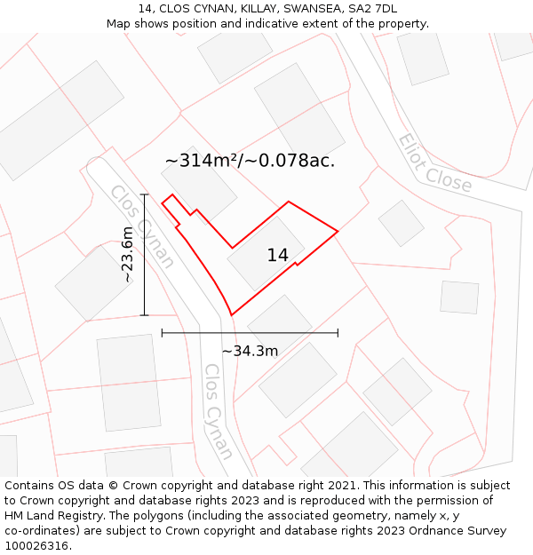 14, CLOS CYNAN, KILLAY, SWANSEA, SA2 7DL: Plot and title map