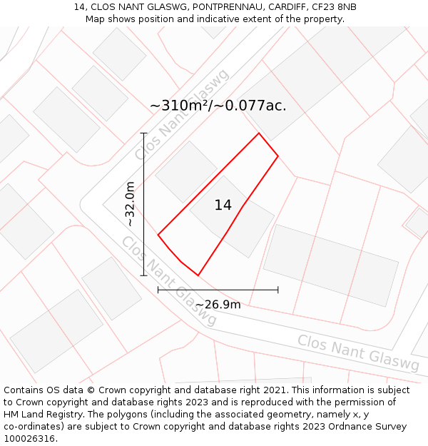 14, CLOS NANT GLASWG, PONTPRENNAU, CARDIFF, CF23 8NB: Plot and title map