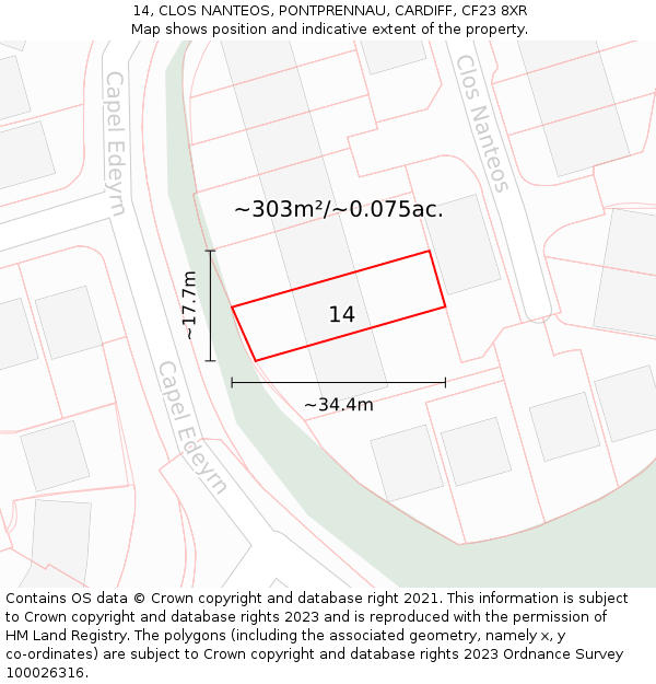 14, CLOS NANTEOS, PONTPRENNAU, CARDIFF, CF23 8XR: Plot and title map