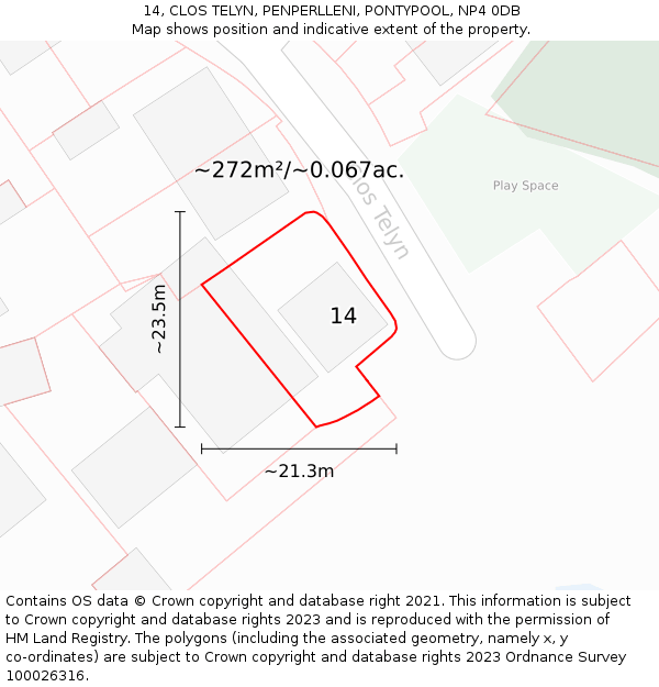 14, CLOS TELYN, PENPERLLENI, PONTYPOOL, NP4 0DB: Plot and title map