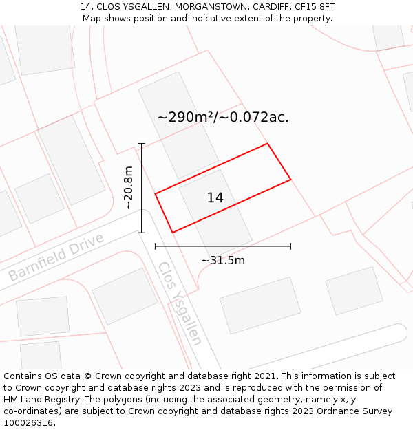 14, CLOS YSGALLEN, MORGANSTOWN, CARDIFF, CF15 8FT: Plot and title map