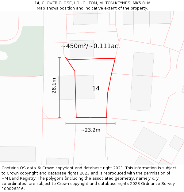 14, CLOVER CLOSE, LOUGHTON, MILTON KEYNES, MK5 8HA: Plot and title map