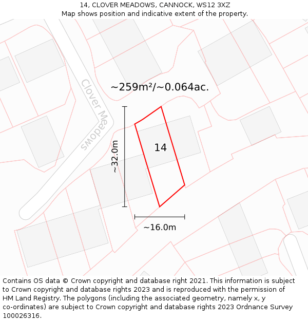 14, CLOVER MEADOWS, CANNOCK, WS12 3XZ: Plot and title map