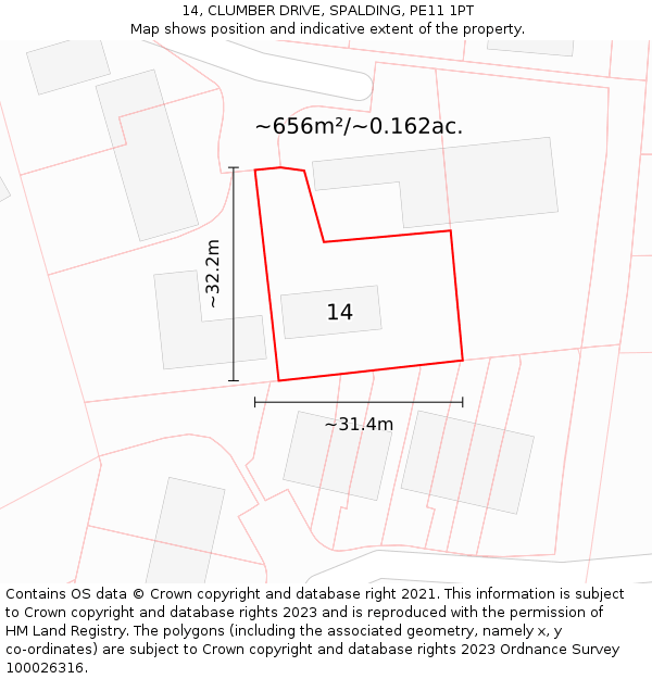 14, CLUMBER DRIVE, SPALDING, PE11 1PT: Plot and title map