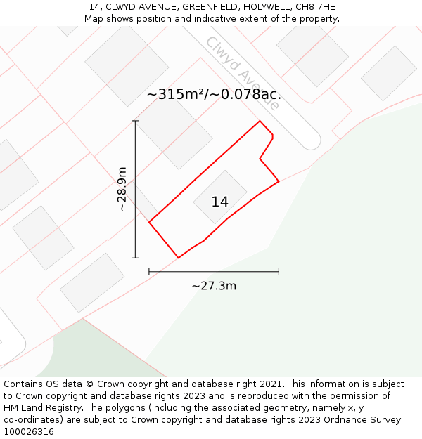 14, CLWYD AVENUE, GREENFIELD, HOLYWELL, CH8 7HE: Plot and title map