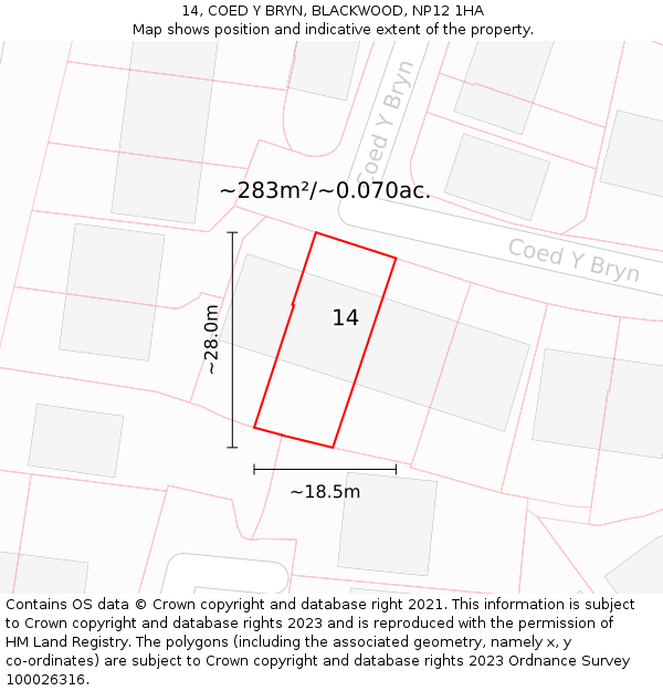 14, COED Y BRYN, BLACKWOOD, NP12 1HA: Plot and title map