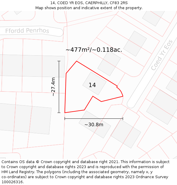 14, COED YR EOS, CAERPHILLY, CF83 2RS: Plot and title map