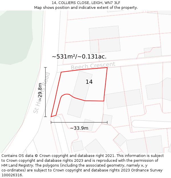 14, COLLIERS CLOSE, LEIGH, WN7 3LF: Plot and title map