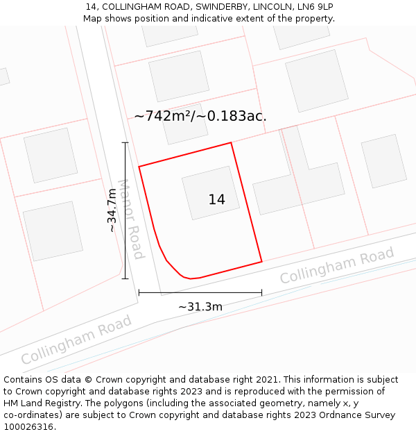 14, COLLINGHAM ROAD, SWINDERBY, LINCOLN, LN6 9LP: Plot and title map