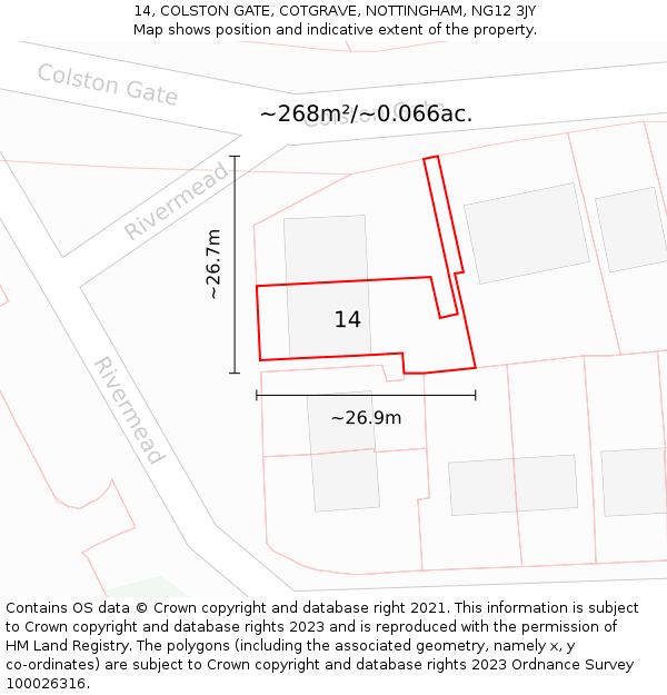 14, COLSTON GATE, COTGRAVE, NOTTINGHAM, NG12 3JY: Plot and title map