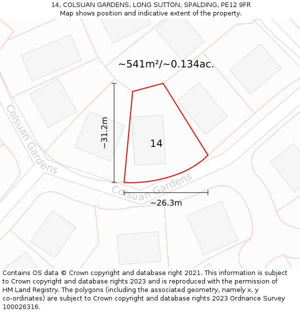 14, COLSUAN GARDENS, LONG SUTTON, SPALDING, PE12 9FR: Plot and title map