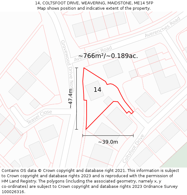 14, COLTSFOOT DRIVE, WEAVERING, MAIDSTONE, ME14 5FP: Plot and title map