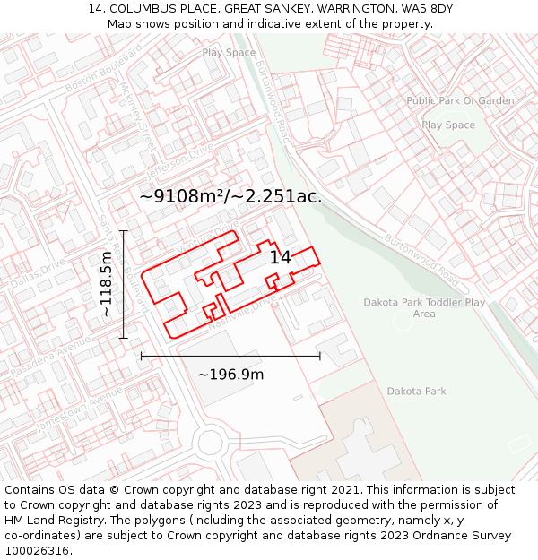 14, COLUMBUS PLACE, GREAT SANKEY, WARRINGTON, WA5 8DY: Plot and title map