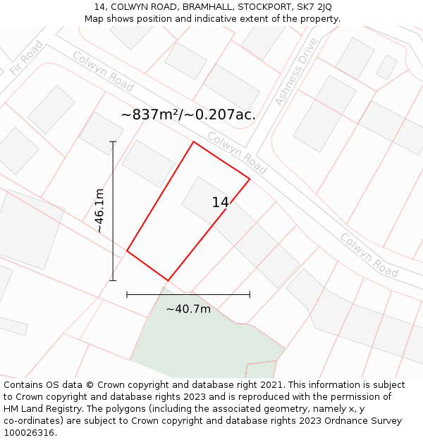 14, COLWYN ROAD, BRAMHALL, STOCKPORT, SK7 2JQ: Plot and title map