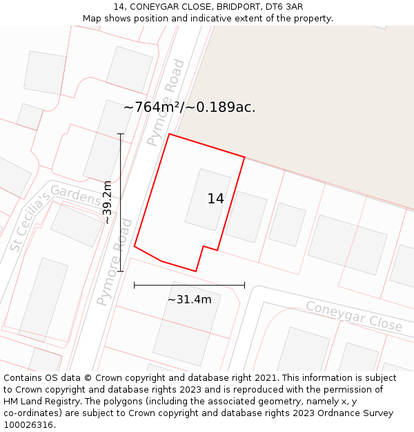 14, CONEYGAR CLOSE, BRIDPORT, DT6 3AR: Plot and title map