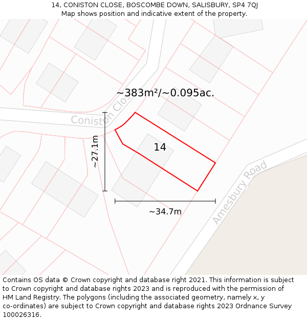 14, CONISTON CLOSE, BOSCOMBE DOWN, SALISBURY, SP4 7QJ: Plot and title map