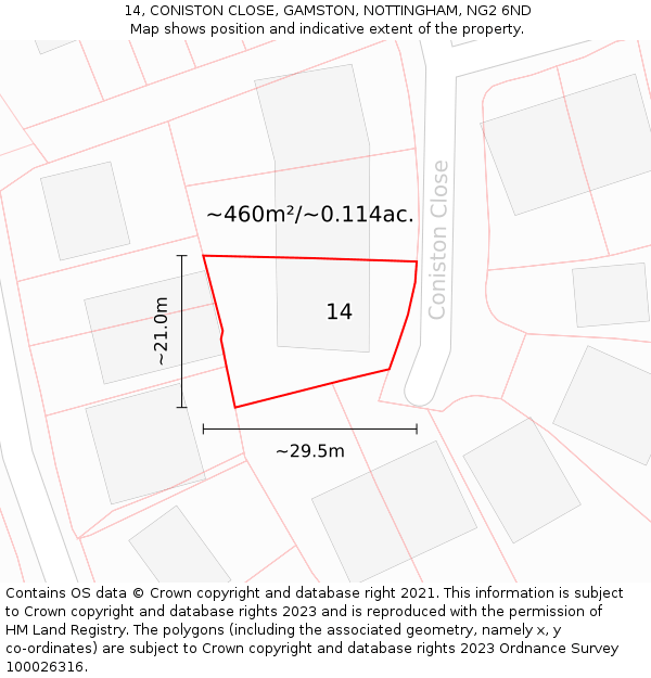 14, CONISTON CLOSE, GAMSTON, NOTTINGHAM, NG2 6ND: Plot and title map