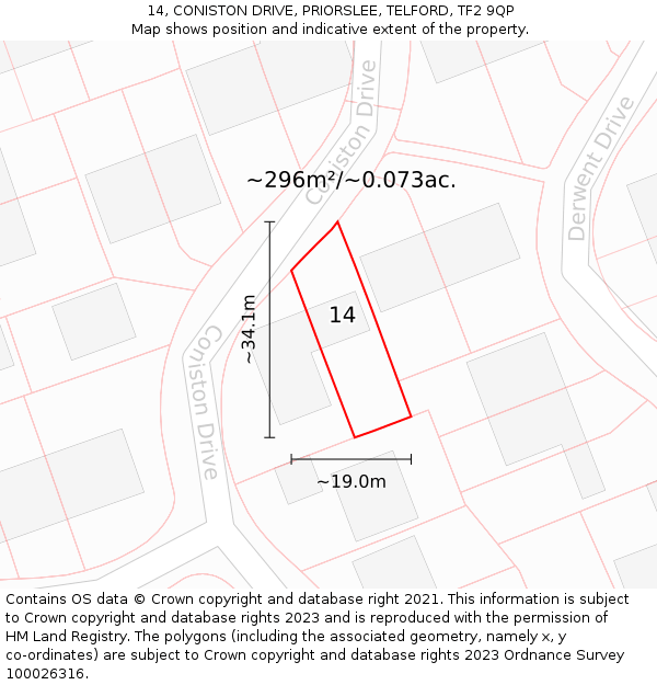 14, CONISTON DRIVE, PRIORSLEE, TELFORD, TF2 9QP: Plot and title map