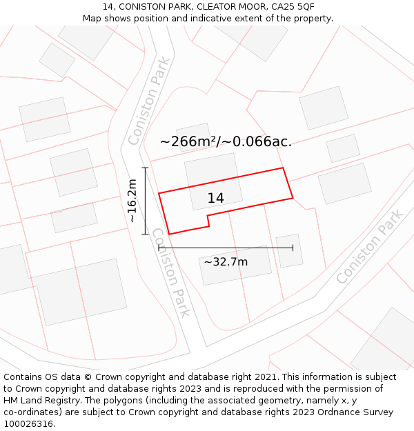 14, CONISTON PARK, CLEATOR MOOR, CA25 5QF: Plot and title map