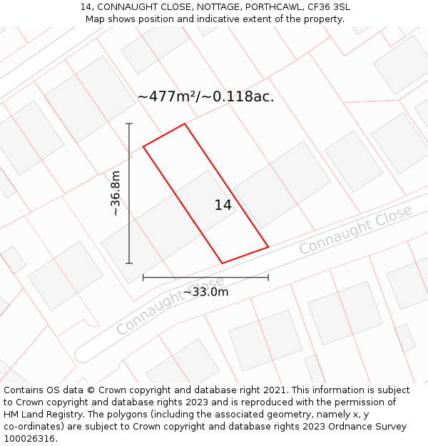 14, CONNAUGHT CLOSE, NOTTAGE, PORTHCAWL, CF36 3SL: Plot and title map