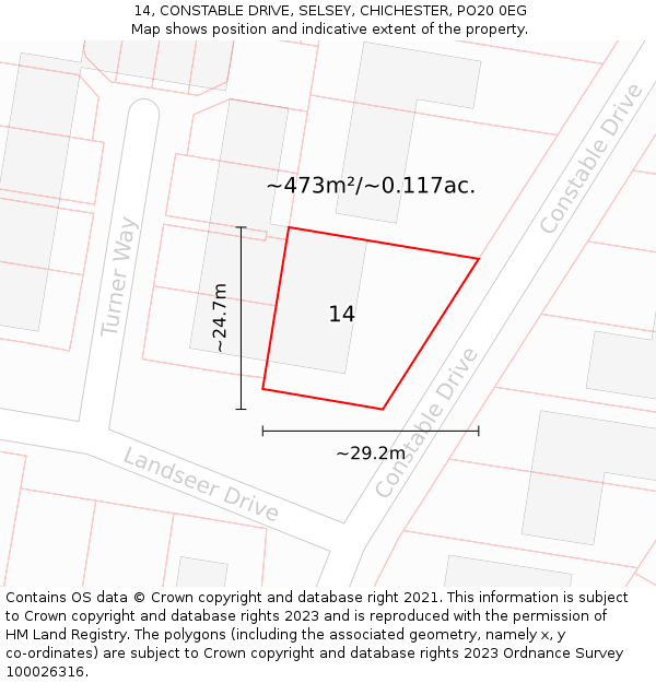 14, CONSTABLE DRIVE, SELSEY, CHICHESTER, PO20 0EG: Plot and title map