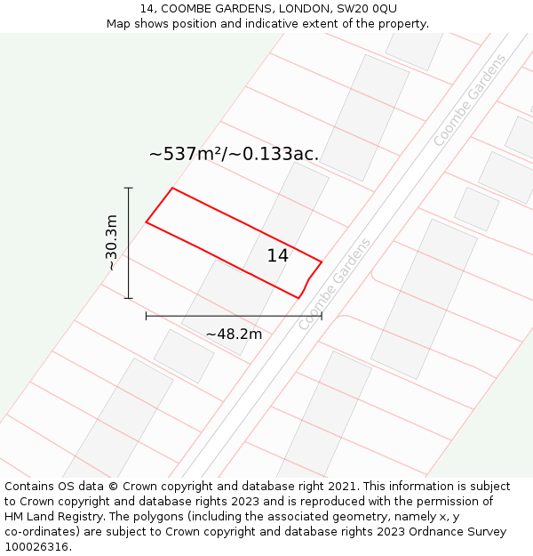 14, COOMBE GARDENS, LONDON, SW20 0QU: Plot and title map